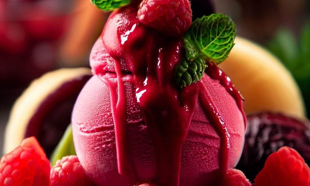 Helado de Frutos Rojos con Coulis de Frambuesa