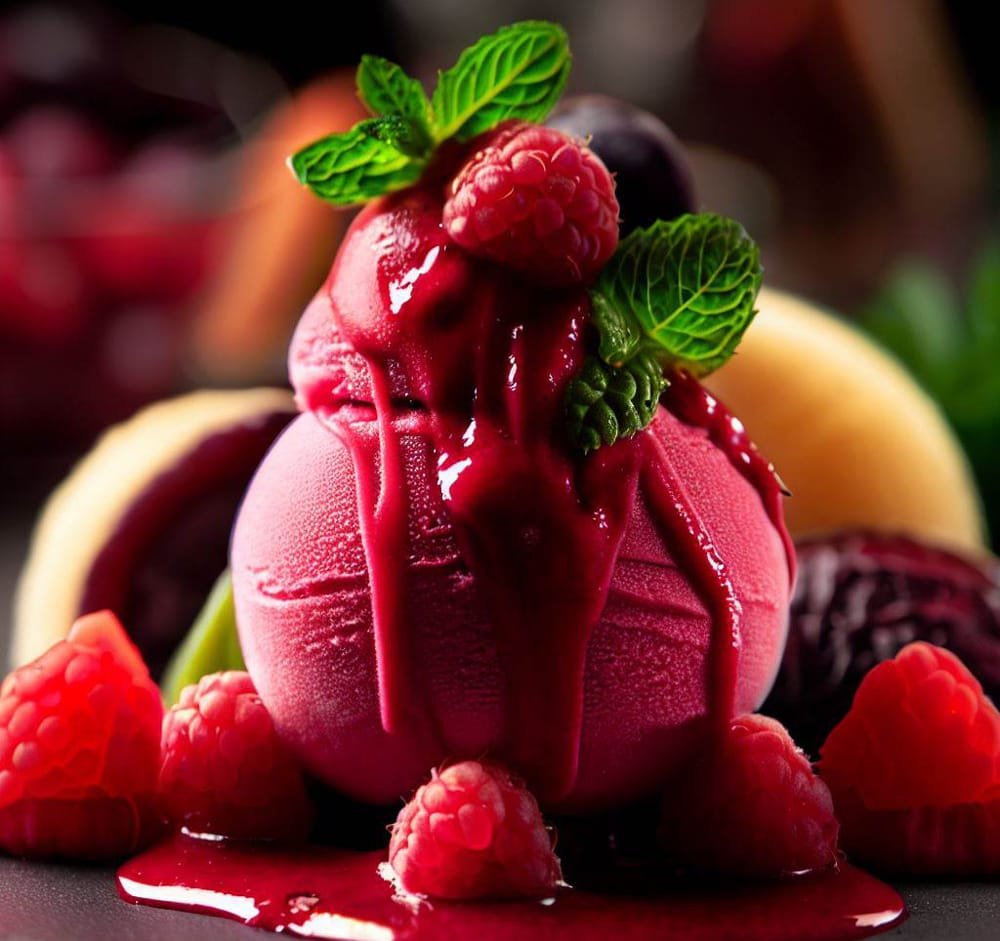 Helado de Frutos Rojos con Coulis de Frambuesa