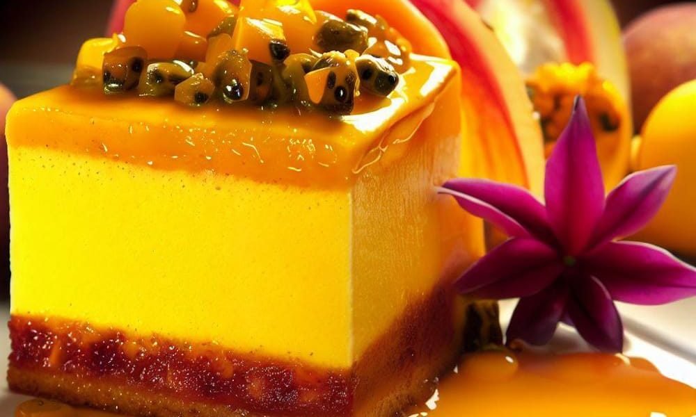 Pastel de Mango y Maracuyá con Coulis de Frutas Exóticas
