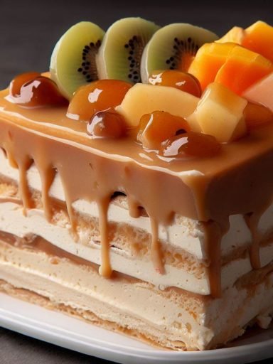 Pastel de Tres Leches con Dulce de Leche y Frutas Tropicales