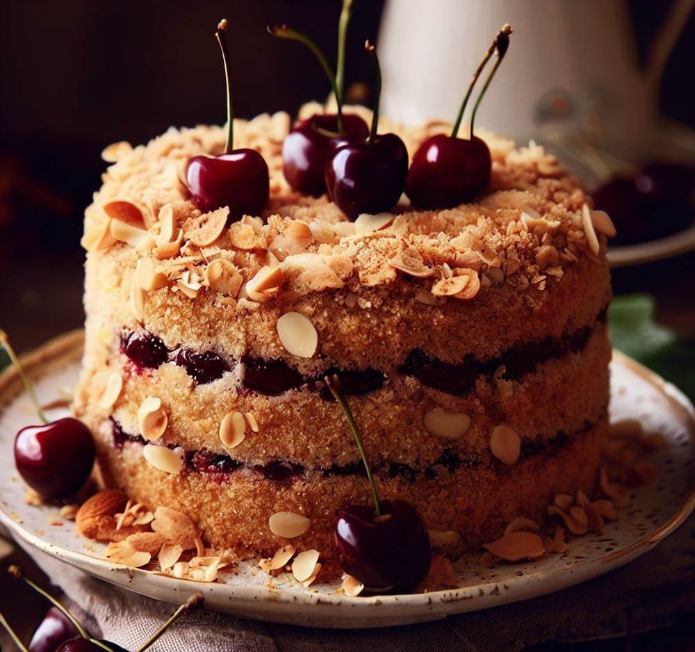 Tarta de Cerezas y Almendras con Streusel de Canela