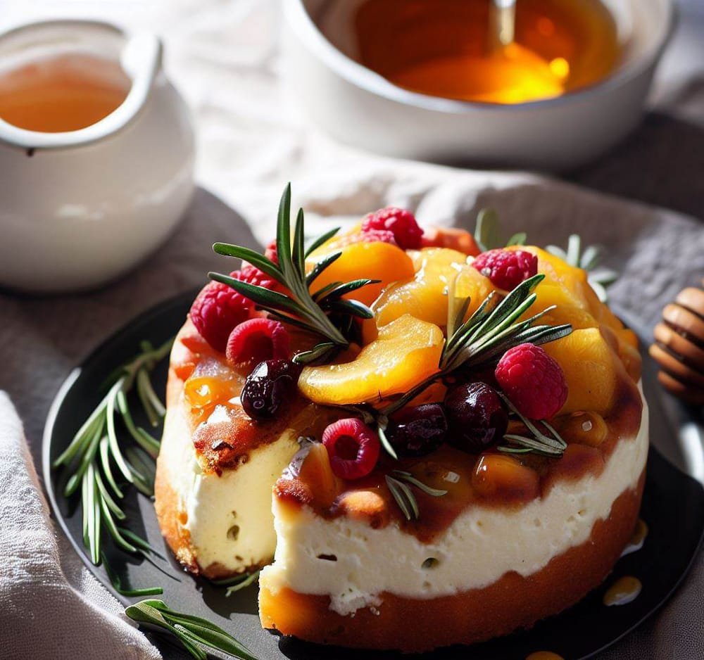 Tarta de Ricotta y Frutas Frescas con Miel y Romero