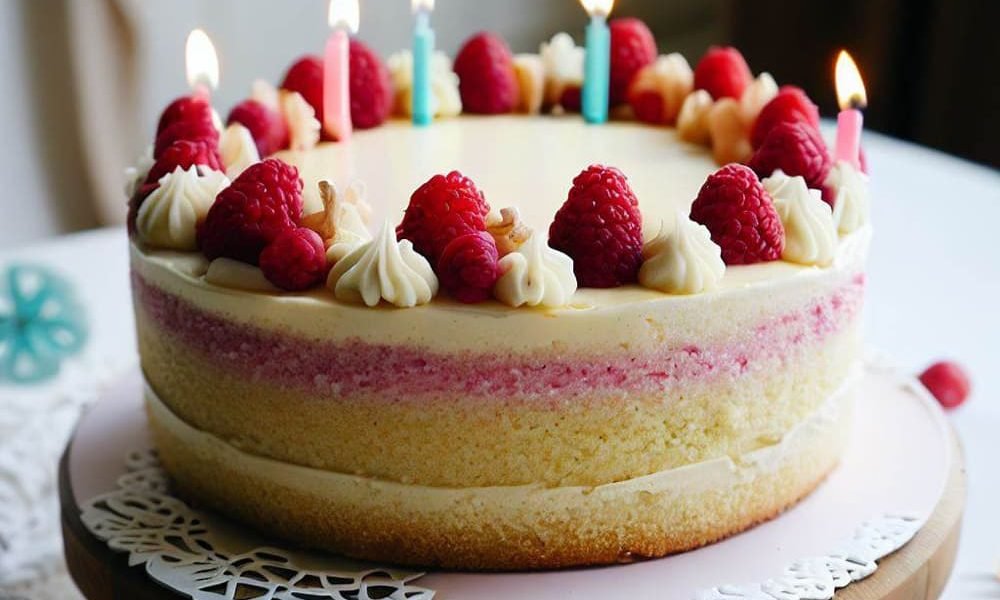 Pastel de Cumpleaños de Vainilla y Frambuesa (Sin Gluten)